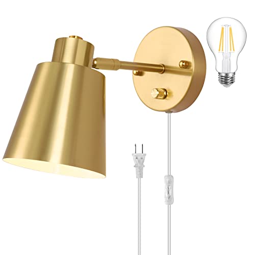 VATONI Dimmable Wall Sconce, Plug in Wall Sconce Adjustable Angle Wall Lights with Plug in Cord and Dimmer On/Off knob Switch, Gold Wall Mounted Light for Bedside Bedroom Doorway(1 Pack, 1 Bulb) - color: Gold, size: 1 Pack - no Remote