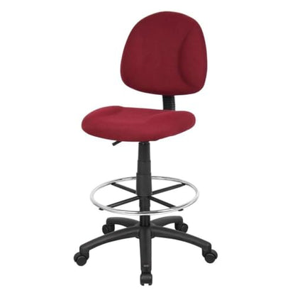 Scranton & Co Contoured Burgundy Fabric Drafting Stool, 20" Chrome Footring, Pneumatic Height 26.5"-31.5", Ergonomic Seat and Back, Tweed Upholstery, Black Nylon Base, Office or Studio Use