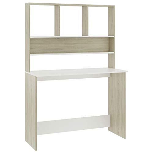 Desk with Shelves, 43.3x17.7x61.8 Inches Engineered Wood Desk in White and Sonoma Oak, Vertical Storage for Small Spaces, Organize Folders Documents and PC Equipment - color: White and Sonoma Oak