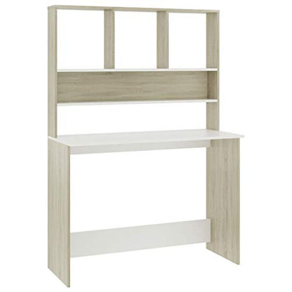 Desk with Shelves, 43.3x17.7x61.8 Inches Engineered Wood Desk in White and Sonoma Oak, Vertical Storage for Small Spaces, Organize Folders Documents and PC Equipment - color: White and Sonoma Oak
