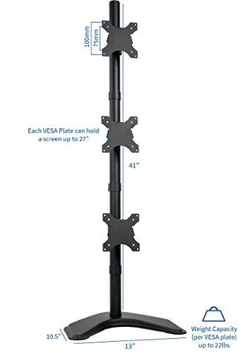 VIVO Triple Monitor Desk Stand for 13 to 27 inch Screens, STAND-V003D | Black, Articulating, Freestanding Adjustable Monitor Arm, Vertical Computer Stand for 3 Monitors, Holds 22 lbs Each