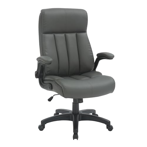 Ergonomic Faux Leather Office Chair, High Back Padded Executive Desk Chair with Flip-Up Armrests, Adjustable Height, Tilt Control, and Smooth-Rolling Wheels for Home and Office Desk, Grey