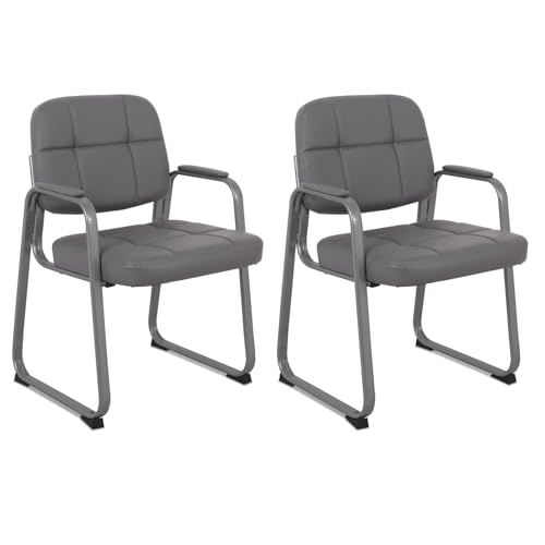 CLATINA Waiting Room Chair | Leather Guest Chair with Padded Arms no Wheels for Office Reception Conference Desk with Sled Base Grey, 2PK - color: Gray(sled Base), size: 2 pack