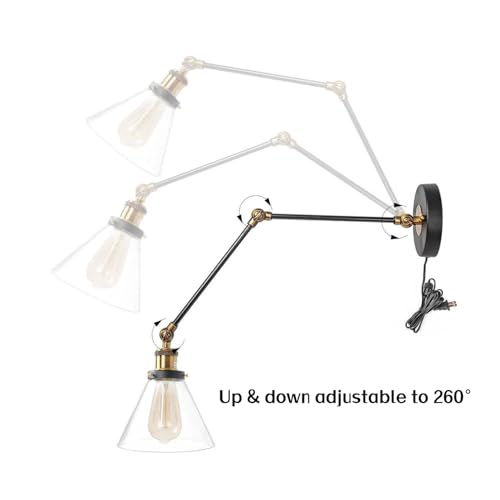 LOG BARN Swing Arm Wall Sconce Plug-in or Hardwire, Adjustable Black Antique Brass Wall Lamp with Clear Glass Shade, Reading Light for Bedroom, Living Room, Office