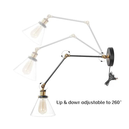 LOG BARN Swing Arm Wall Sconce Plug-in or Hardwire, Adjustable Black Antique Brass Wall Lamp with Clear Glass Shade, Reading Light for Bedroom, Living Room, Office
