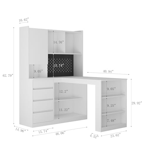 RuiSiSi 46" L Shaped Executive Desk with Hutch and Shelves, White - color: White, size: 46.06"L x 55.90"W x 62.79"H