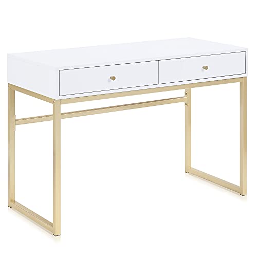 BELLEZE Modern 42 Inch Makeup Vanity Dressing Table or Home Office Computer Laptop Writing Desk with Two Storage Drawers, Wood Top, and Gold Metal Frame - Bronte (White) - color: White, size: 42" Rectangular Shape
