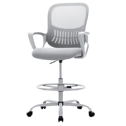 Sweetcrispy Tall Drafting Chair, High Office Desk Chair with Footrest | Comfy Lumbar Support, Counter Height Adjustable, Fixed Arms, 360° Computer Rolling Stool, Grey - color: Grey, size: 45 inches (H) x 23.62 inches (W) x 24.2 inches (L)