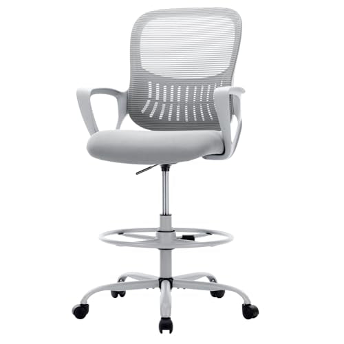 Sweetcrispy Tall Drafting Chair, High Office Desk Chair with Footrest | Comfy Lumbar Support, Counter Height Adjustable, Fixed Arms, 360° Computer Rolling Stool, Grey - color: Grey, size: 45 inches (H) x 23.62 inches (W) x 24.2 inches (L)