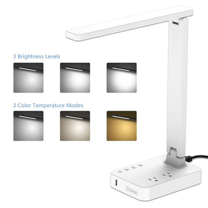 Drevet LED Desk Lamp, Desk Light with 1 USB Charging Port and 2 AC Power Outlet, 3 Lighting Modes, 3 Level Brightness,1H Timer, Touch Control, Eye-Caring Home Office Foldable Table Lamp (White) - color: White