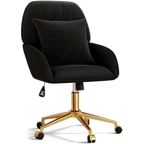 Home Office Desk Chair Comfy with Adjustable Swivel Wheels, Modern Velvet Makeup Vanity Chair with Back & Pillow, Ergonomic Office Chair Computer Task Chair for Living Room, Bedroom, Black - color: Black