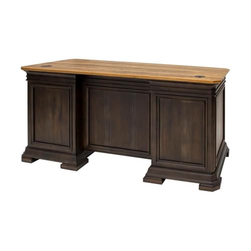 Pemberly Row Executive Desk, 60”W x 28”D x 30”H, Solid Wood Plank Top, Brown Finish, Double Pedestal Design, Dropfront Keyboard Drawer, Locking File Drawers, Antique Bronze Hardware, Home Office Desk
