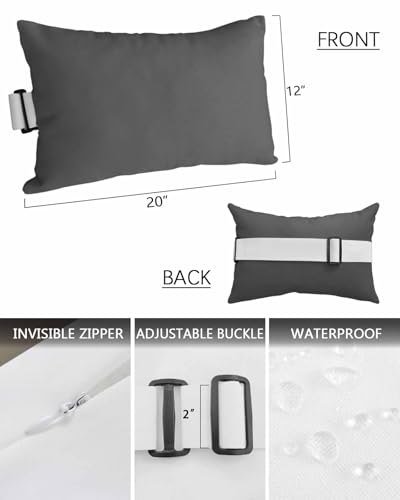 Outdoor Pillow for Lounge Chair with Strap & Insert Dark Grey Pattern Recliner Head Pillow Pure Colour Waterproof Headrest Patio Lumbar Pillows for Beach Pool Office Chaise Chair 12x20 Inch - color: Grey, size: 1 Pack - 12"x20"
