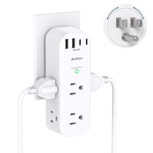 Surge Protector Wall Outlet Extender, Multi Plug Outlet with Rotating Plug | 6 AC Outlets 4 USB Ports (2 USB C), 1800J, 3-Side Power Strip Wall Mount, Outlet Splitter for College Dorm Travel Essentials - color: White, size: 2C2A 15W
