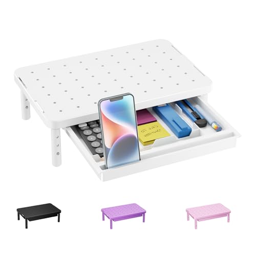 WALI Computer Monitor Stand with Storage, Monitor Riser 3 Height Adjustable | Laptop Riser with Airflow Vents, Desk Organizer for Computer, Printer, Notebook (PTT002-W), 1 Pack, White - color: White, size: 14.6"L * 9.3"W,11" 1 Drawer