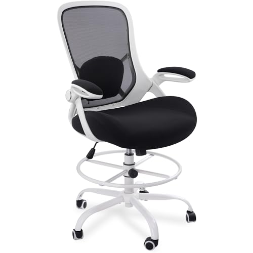 HYLONE 400lbs Heavy Duty Drafting Chair 5" Thickened Seat Office Chair with Flip-Up Armrests Tall Ergonomic Computer Chair with Lumbar Support and Adjustable Footrest Ring Standing Desk Chair (Black) - color: Black&white