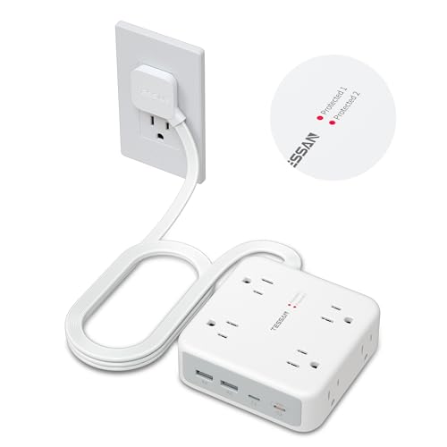 TESSAN Dual Surge Protector Power Strip, 5 Ft Extension Cord Flat Wall Plug | 4 USB (2 USB C) 8 Outlets, 2100J Protection, 1875W 15A, 20W Multiple Charging Station for Home, Office, Dorm, Grey - color: White, size: 5 FT (1875W)