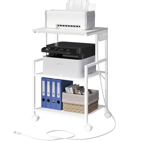 MAHANCRIS Mobile Printer Stand, 3-Tier Industrial Printer Cart with 2 AC Outlets and 2 USB Ports, Rolling Printer Table on Wheels for Home Offices Kitchen Organization Rack, White PTWT78E01 - color: White