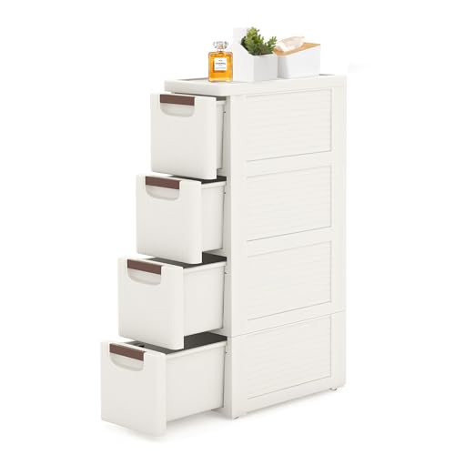 4 Drawers Slim Bathroom Storage Cabinet Dresser, Narrow Plastic Rolling Cart Organizer with Drawers, for Small Spaces, Kitchen, Laundry, Office, Bedroom, White - size: 7.5"x16.5"xx28.9"(4-Drawer)