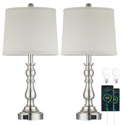 23'' Table Lamps Set of 2, Silver Lamps for Bedroom, USB C+A Ports - color: C.Light Oat, Silver
