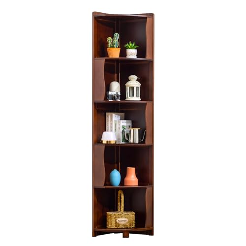 5-Tier Bamboo Corner Shelf Freestanding Fan-Shaped Storage Rack, Space-Saving Corner Cabinet for Living Room or Bedroom, Easy to Assemble, Dark Walnut