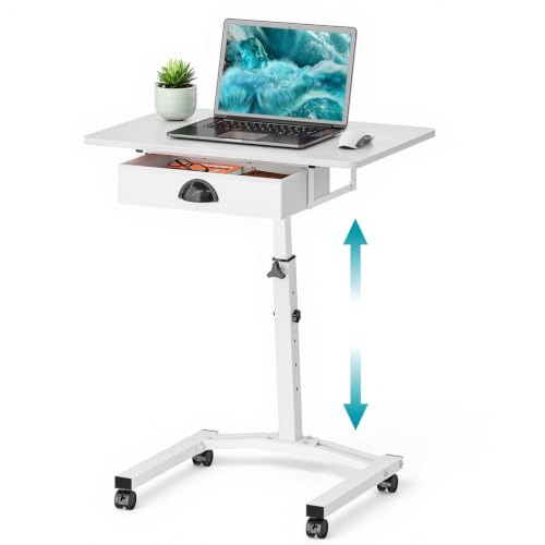 Rolling Adjustable Height Computer Desk With Drawers, Small Mobile Laptop Desk Cart On Wheels For Small Spaces Home Office, Portable Sitting Laptop Table For Bed Couch Load Up To 60LBS, Sturdy, White - color: White