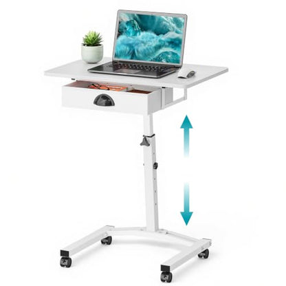 Rolling Adjustable Height Computer Desk With Drawers, Small Mobile Laptop Desk Cart On Wheels For Small Spaces Home Office, Portable Sitting Laptop Table For Bed Couch Load Up To 60LBS, Sturdy, White - color: White