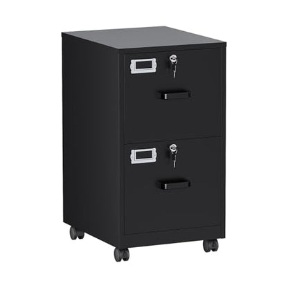 BYNSOE 2 Drawers File Cabinet with Lock Metal Vertical File Cabient with Wheels Mobile File Cabinet for Office Home Legal/Letter/a4 Size Require Assembly - color: Black, size: 27.36"H x 17.71"D x 15"W