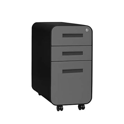 Laura Davidson Furniture Stockpile Slim 3-Drawer Mobile File Cabinet with Lock - Under Desk Metal Filing Cabinet, Legal/Letter File Folders, Wheels and Stationary Feet, Pre-Assembled, Black/Grey - color: Black/Grey