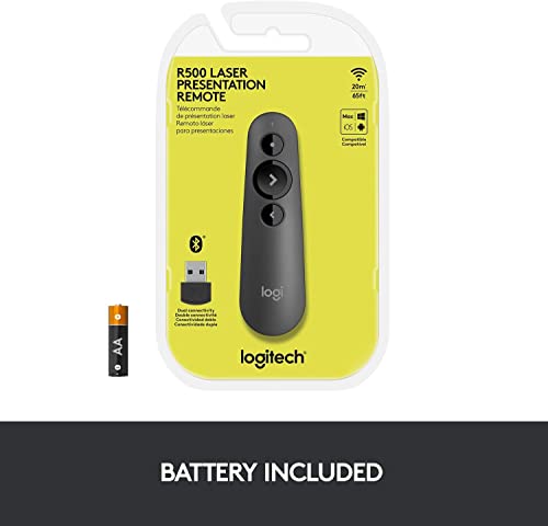 Logitech R500s Laser Presentation Remote Clicker with Dual Connectivity Bluetooth or USB for Powerpoint, Keynote, Google Slides, Wireless Presenter - Graphite (Renewed)