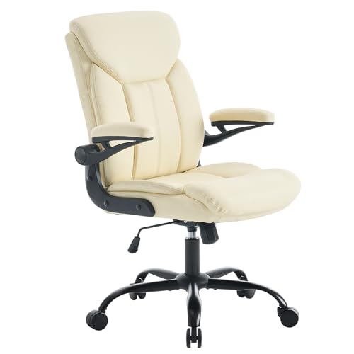 Ergonomic Home Office Chair PU Leather Comfy Computer Chair, Beige | Flip-up Armrest, Height Adjustable, Lumbar Support, 360° Swivel Wheels Managerial Executive Chairs for Work Gaming Home Use - color: Beige