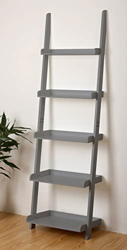 Modern 5 Tier Leaning Wall Ladder Bookshelf, Gray, 70 Inches | Storage Rack, Organizer - color: Grey