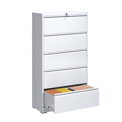 5 Drawer File Cabinet with Lock, Metal Lateral Filing Cabinets - color: White, size: 5 Drawer_ 35"W