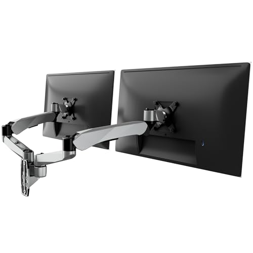 Mount-It! CLiX Dual Monitor Wall Mount, Gas Spring, Silver | TAA-compliant arms for 2 monitors 13-32" up to 19.8 lbs each, VESA 75/100, effortless height adjustable aluminum.