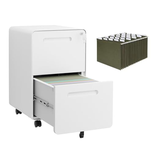 2 Drawer Mobile File Cabinet with Lock, 4 Keys and 25 Letter File Folders | Heavy-Duty Steel Rolling Filing Cabinet Pre-Assembled Under Desk for Home Office Letters/Legal/A4 Hanging File Folders - color: White, size: 25.8"H*15.7"W-2 drawers(25 letter fold
