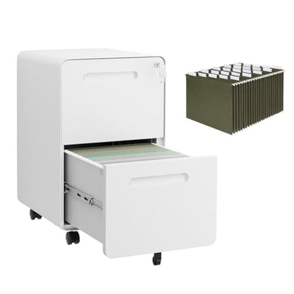 2 Drawer Mobile File Cabinet with Lock, 4 Keys and 25 Letter File Folders | Heavy-Duty Steel Rolling Filing Cabinet Pre-Assembled Under Desk for Home Office Letters/Legal/A4 Hanging File Folders - color: White, size: 25.8"H*15.7"W-2 drawers(25 letter fold