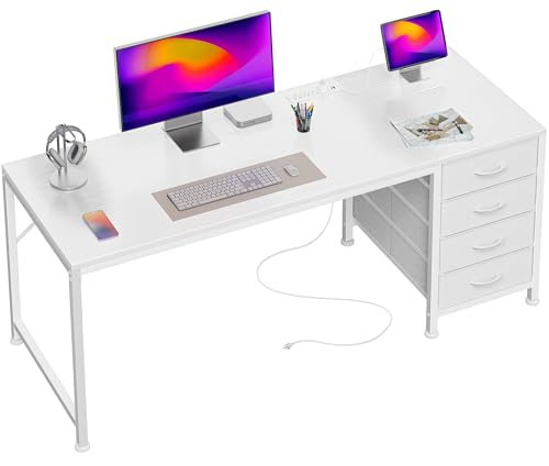 55.1 Inch Computer Office Desk with Power Outelts and USB-C Port, Reversible Gaming Desk with 4 Fabric Drawers, Work Study Desk Work from Home, White - color: White, size: 55 inch