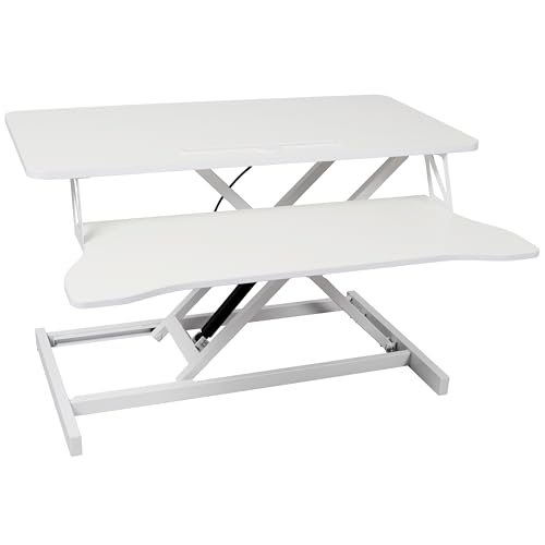 Standing Desk Converter, Adjustable Standing Desk Riser, White Sit Stand Workstation with Keyboard Tray, 31.5 15. Inch Platform, 5.3 to 19.5 Inch Height Range, 44 lb Capacity