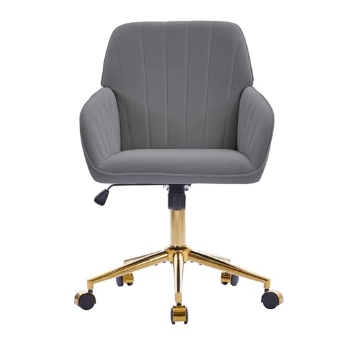 YITAI Velvet Office Desk Chair with Wheels and Gold Base,Modern Height Adjustable 360 Degree Swivel Upholstered Vanity Chairs with Arms for Living Room Bedroom, Study,Gray - color: Gold Gray