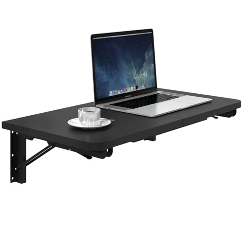 TEAMIX Wall Mounted Folding Table, Black Floating Desk for Small Spaces | Heavy-duty Brackets, Space-saving Design, Use as Home Office Desk, Drop Leaf Dining Table, Laundry Shelf, or Balcony Table - color: Black, size: 23.6"W x 11.8"D