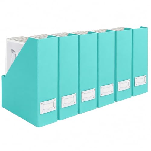 BLU MONACO Set of 6 Aqua Magazine File Holders | Foldable Magazine Storage Boxes with White Leather Label Holders | Vertical File Organizer for Desk, Shelves & Home Office - color: Aqua