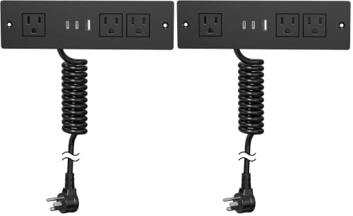 Furniture Drawer Outlet, Recessed Power Strip with (3) PD 20W USB Ports Fast Charging & (3) 15 Amp AC Outlets, (14 AWG) 5 FT Spring Black Cord (Pack of 2) - color: Black, size: 5 FT (Pack of 2)