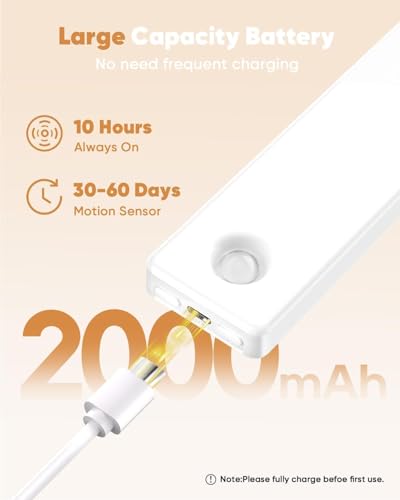 Under Cabinet Lighting, 3 Color Temperatures Motion Sensor Light Indoor 2 Pack, USB Rechargeable Battery Operated Closet Lights, Wireless Dimmable LED Cabinet Lights, Under Counter Light for Kitchen