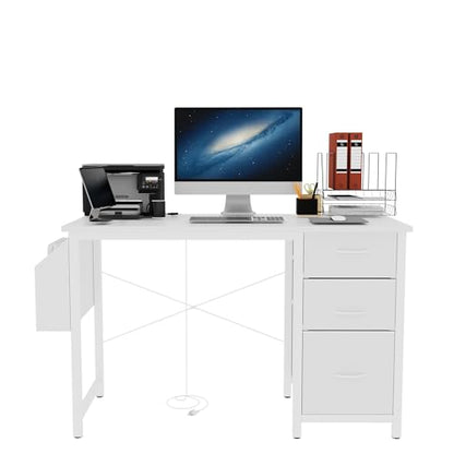Computer Desk Workstation Tabletop Charging Station 2 Outlets USB Type-C,Reversible Drawer Cabinet Organizer,Foldable Fabric Bins,Side Pocket Holder,Metal X-Frame Stability,Adjustable Feet (White)