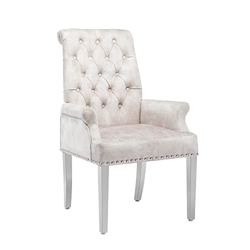 Velvet Dining Chairs with Arms, Upholstered Dining Room Chairs, Beige | Upholstered, High Back, Tufted, Luxurious, Stainless Steel Leg, for Kitchen & Dining Room - color: Beige, size: 1 PCS