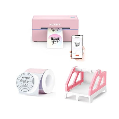 MUNBYN 130B Bluetooth Thermal Label Printer+2 Inch Round Thermal Labels+Pink Label Holder