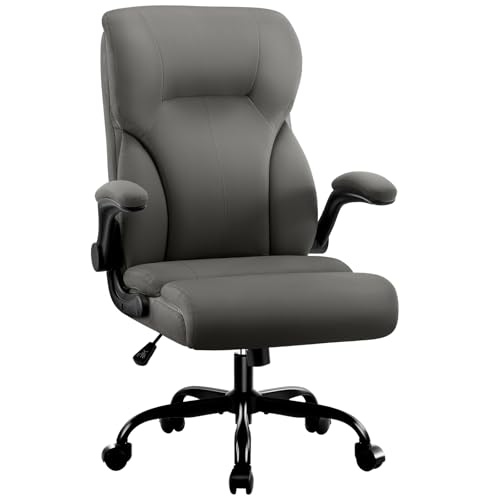 Executive Office Chair,High Back Ergonomic Comfy Desk Chair with Padded Flip-up Armrests and Wheels,PU Leather Heavy Duty Computer Swivel Rolling Task Chair for Home Office,Adults,Gray - color: Grey