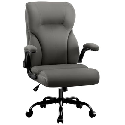 Executive Office Chair,High Back Ergonomic Comfy Desk Chair with Padded Flip-up Armrests and Wheels,PU Leather Heavy Duty Computer Swivel Rolling Task Chair for Home Office,Adults,Gray - color: Grey