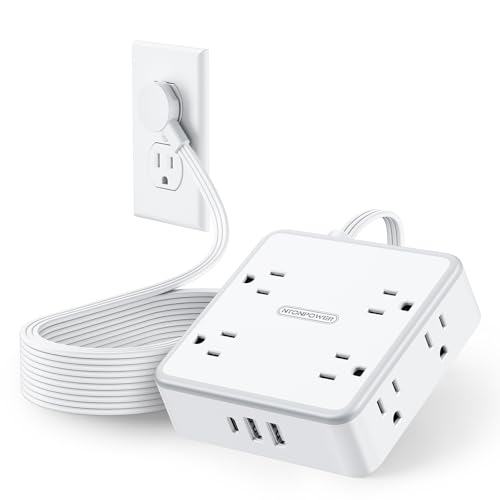 NTONPOWER Extension Cord 25 FT, Flat Plug with 8 Widely Outlets 3 USB Ports (1 USB C), Wall Mountable, Long Power Strip, Desk Charging Station Dorm Room Essentials - color: White, size: 25FT