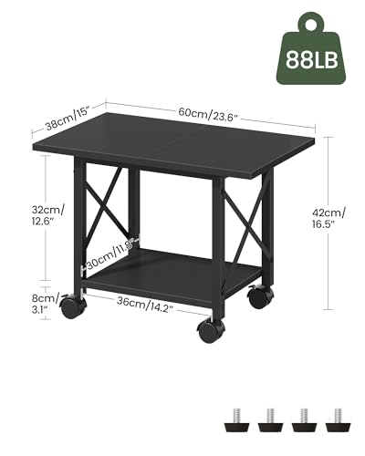 Printer Stand, 23.6" Under Desk Printer Table with Locking Wheels and Adjustable Feet, 2-Tier Heavy Duty Printer Cart with Shelf, Large Storage Rack for Home Office, Living Room, Black TPS01BB - color: Black